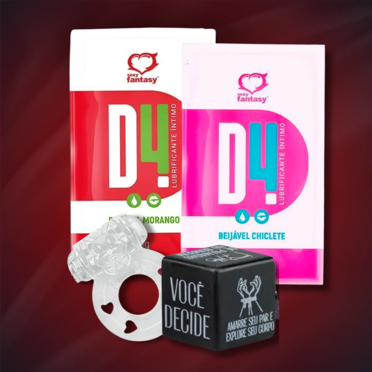 Kit Descobertas — Anel Peniano com Vibrador, Lubrificante Beijável com Sabor, Dado Erótico Dominadinho