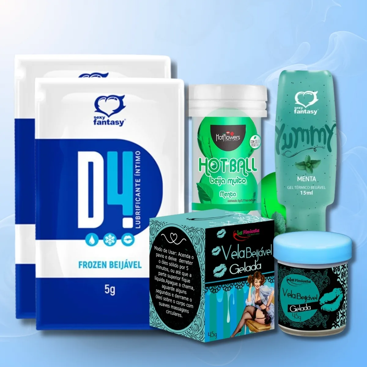Kit Geladinho — Vela Aromatizada Beijável Ice, Bolinhas Explosivas Hotball Menta, Gel Térmico Ice Yummy, Lubrificante Ice D4 Sachê