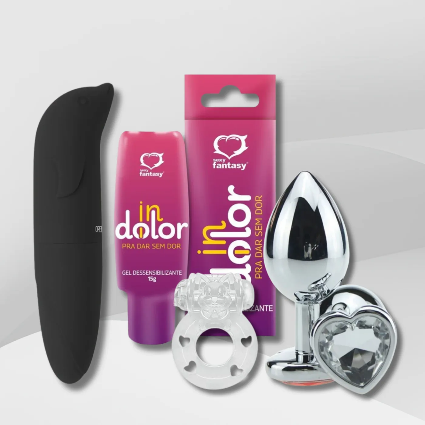 Kit Intimidade — Dessensibilizante Anal Indolor, Vibrador Golfinho, Anel Peniano com Vibrador, Plug Anal