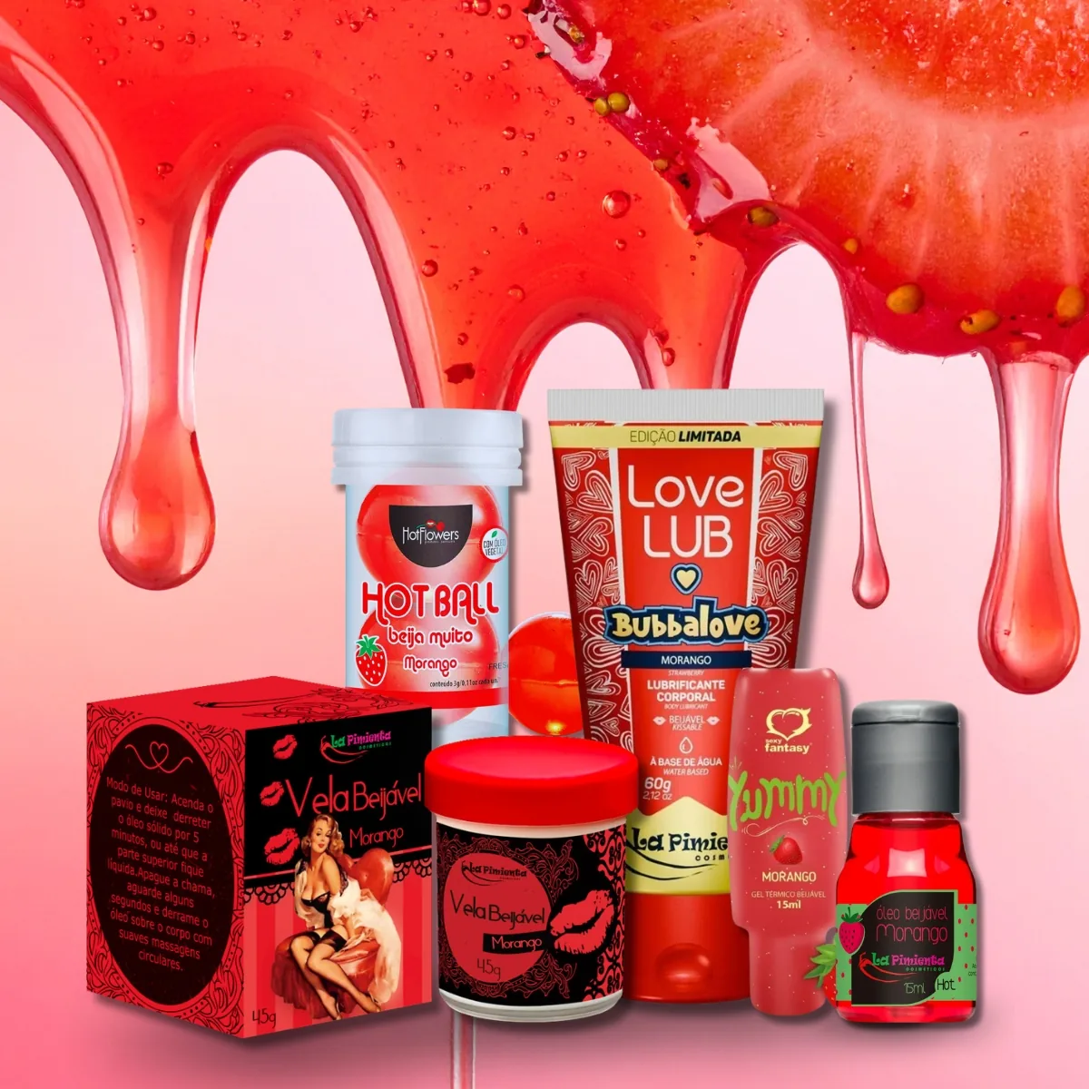 Kit Morango Do Amor — Bolinhas Explosivas Hotball, Vela Aromatizada Beijável, Óleo Beijável Hot, Gel Lubrificante com Sabor Love Lub Bubbalove, Gel Térmico Comestível Yummy