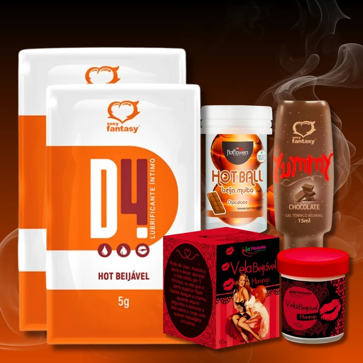 Kit Noite Quente — Bolinhas Explosivas Hotball, Vela Aromatizada Beijável Hot, Gel Térmico Hot Comestível Yummy, Lubrificante Hot Beijável D4