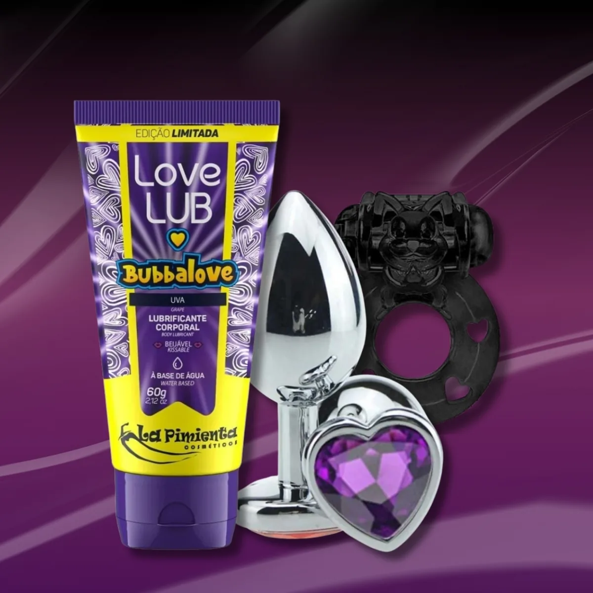 Kit Intenção — Plug Anal, Gel Lubrificante Beijável com Sabor, Anel Peniano com Vibrador
