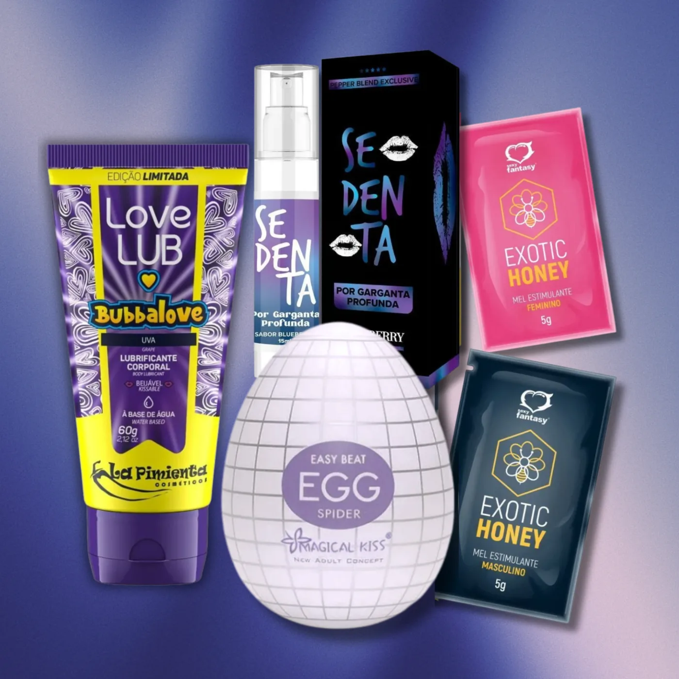 Kit Sintonia — Ovo Masturbador, Dessensibilizante Oral Sedenta, Lubrificante Beijável Bubbalove 60g, Mel Estimulante Feminino e Masculino