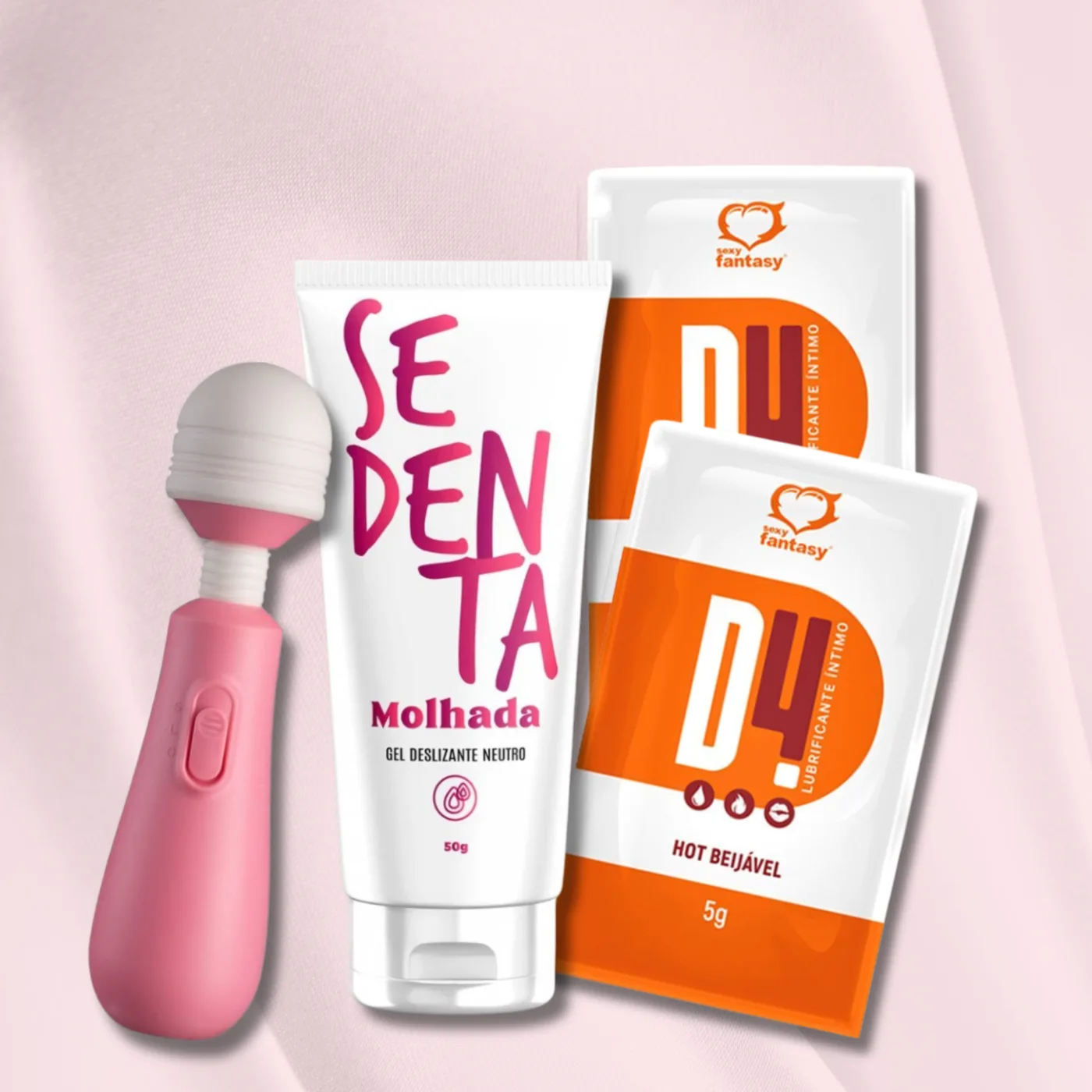 Kit Seu Momento 2 — Vibrador Mini Varinha Mágica, Gel Deslizante Sedenta Molhada, Lubrificante Hot D4 Sachê